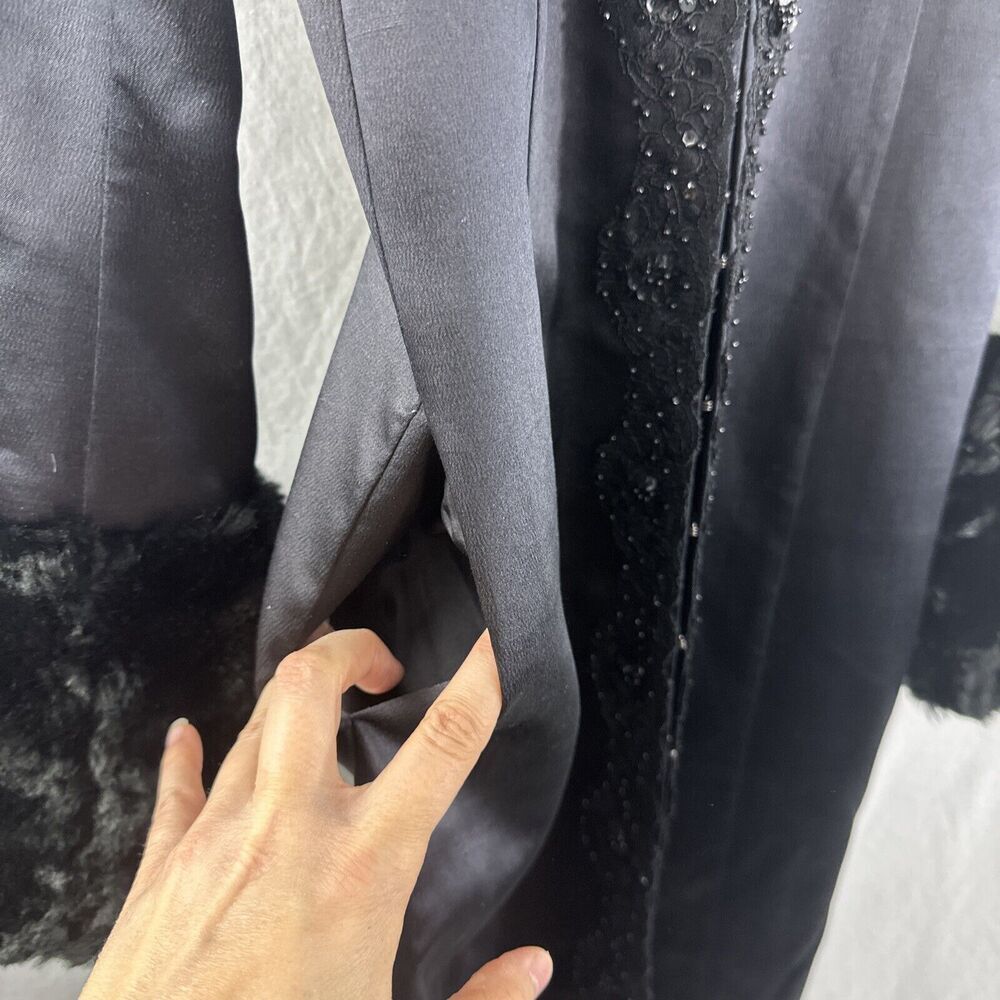 Hype Vintage Faux Fur Sequin Trim Black Silk Goth Evening Long Jacket Womens 8 - Picture 8 of 15